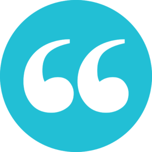 A stylized quotation mark in a light blue circle