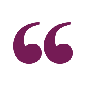 A stylized purple quotation mark in a white circle